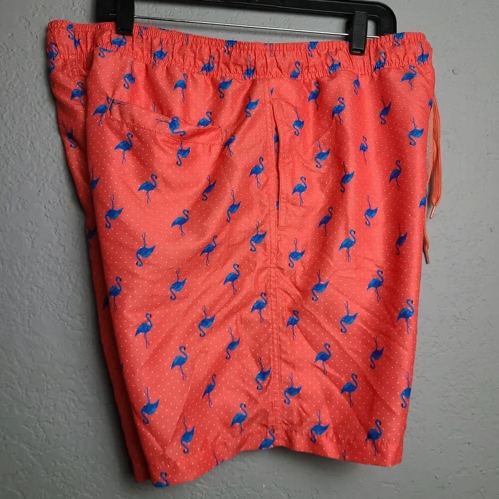 Surf Society Men's Tie Neon Orange Flamingo Lined Pockets Swimwear Short Sz XL